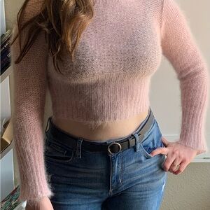 Anthropologie Cooperative Super Soft Angora Metallic Pink Fuzzy Cropped Sweater